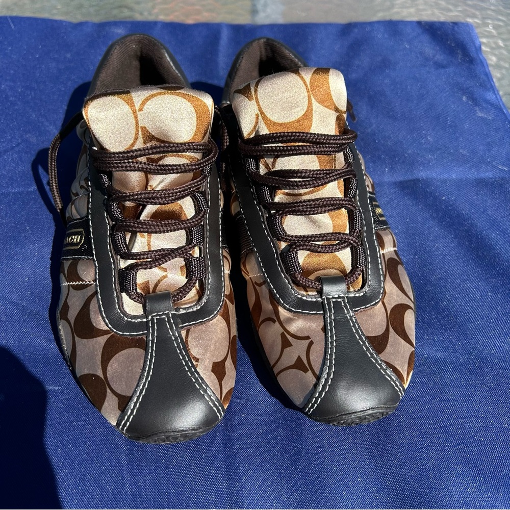 NEW Coach Kirby Signature Monogram Sateen Sneakers Brown Leather Women’s Size 6